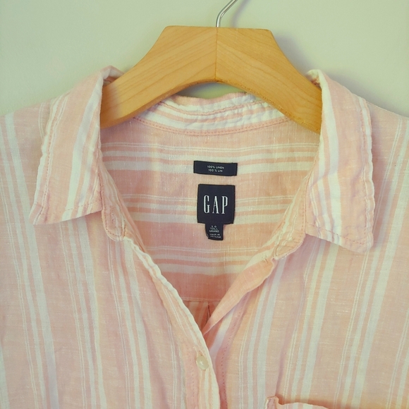 GAP Linen Boyfriend Shirt Pink Stripe Long Sleeve Tall Size Large - Picture 8 of 12